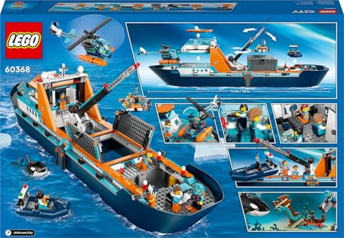 LEGO City Arktis-Forschungsschiff 60368, schwimmfähiges Boot mit Hubschrauber, Beiboot, U-Boot & Orca, Geschenk ab 7 Jahren