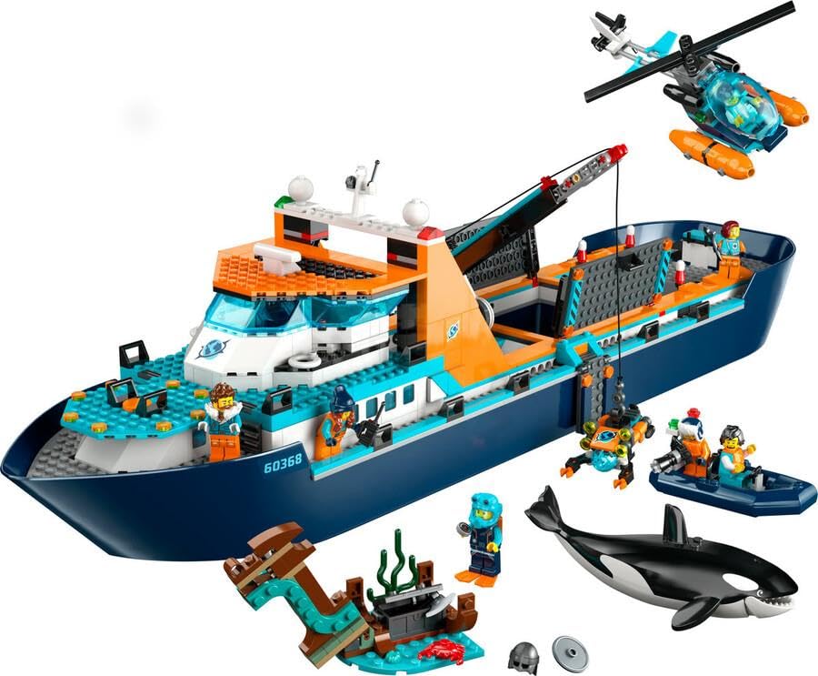 LEGO City Arktis-Forschungsschiff 60368, schwimmfähiges Boot mit Hubschrauber, Beiboot, U-Boot & Orca, Geschenk ab 7 Jahren