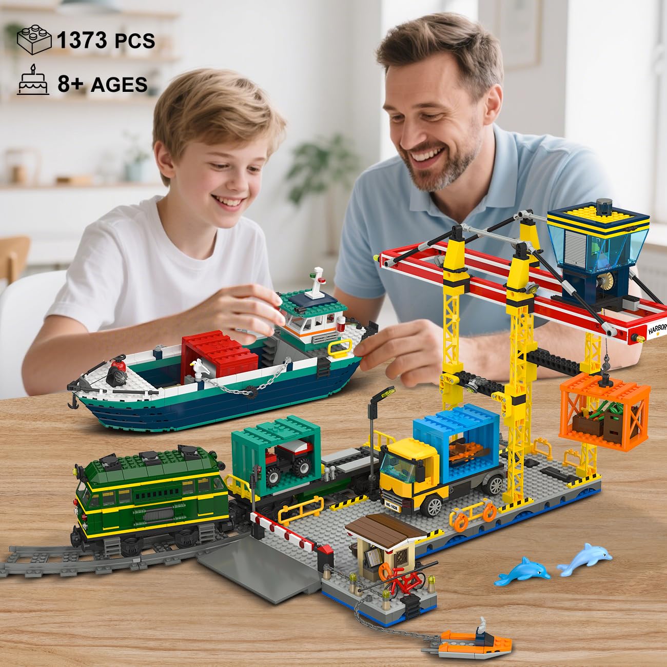 HOGOKIDS City Hafen mit Containerkran, Schiff, Zug, LKW & 4 Container, Technik Bauspielzeug für Kinder & Erwachsene ab 8 Jahren