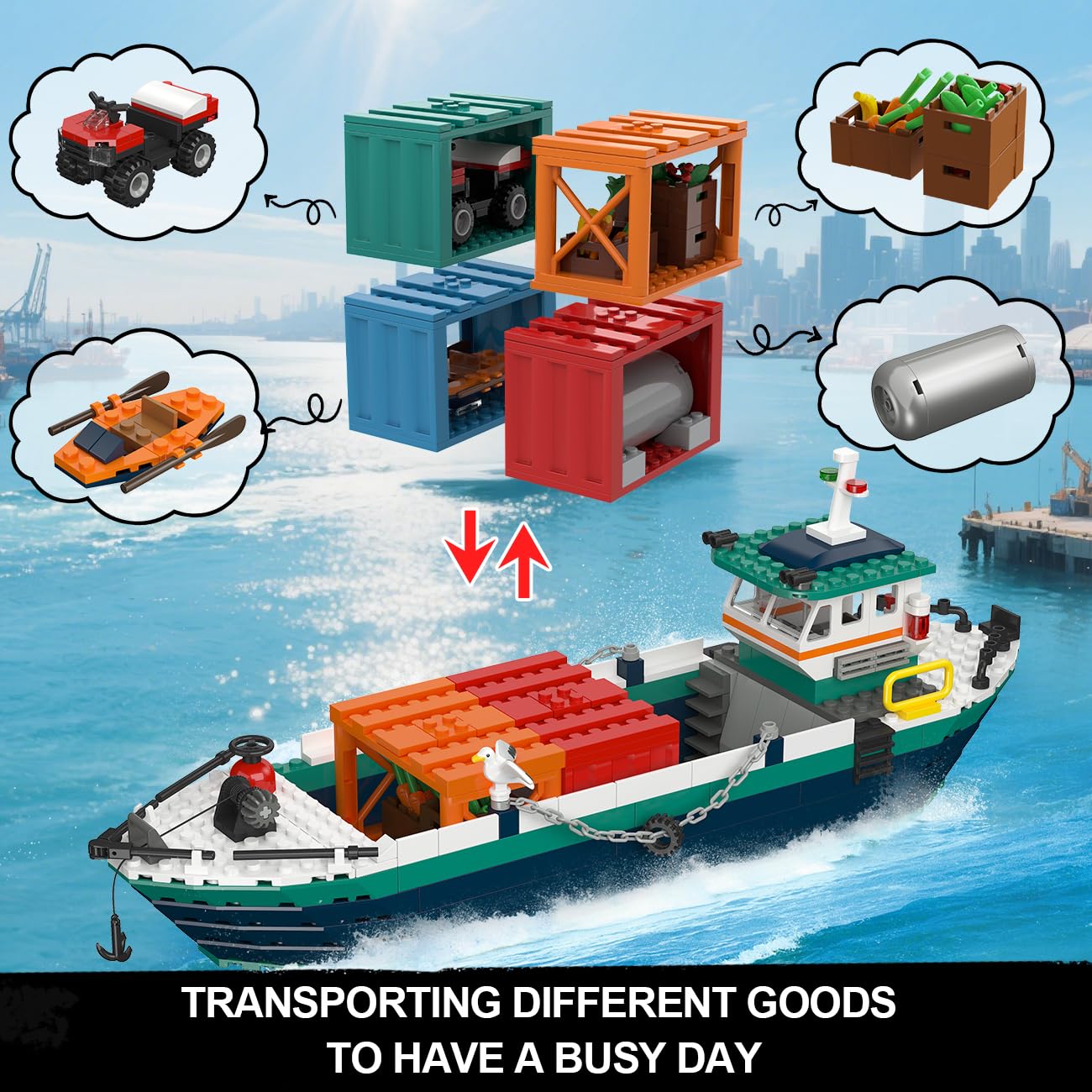 HOGOKIDS City Hafen mit Containerkran, Schiff, Zug, LKW & 4 Container, Technik Bauspielzeug für Kinder & Erwachsene ab 8 Jahren