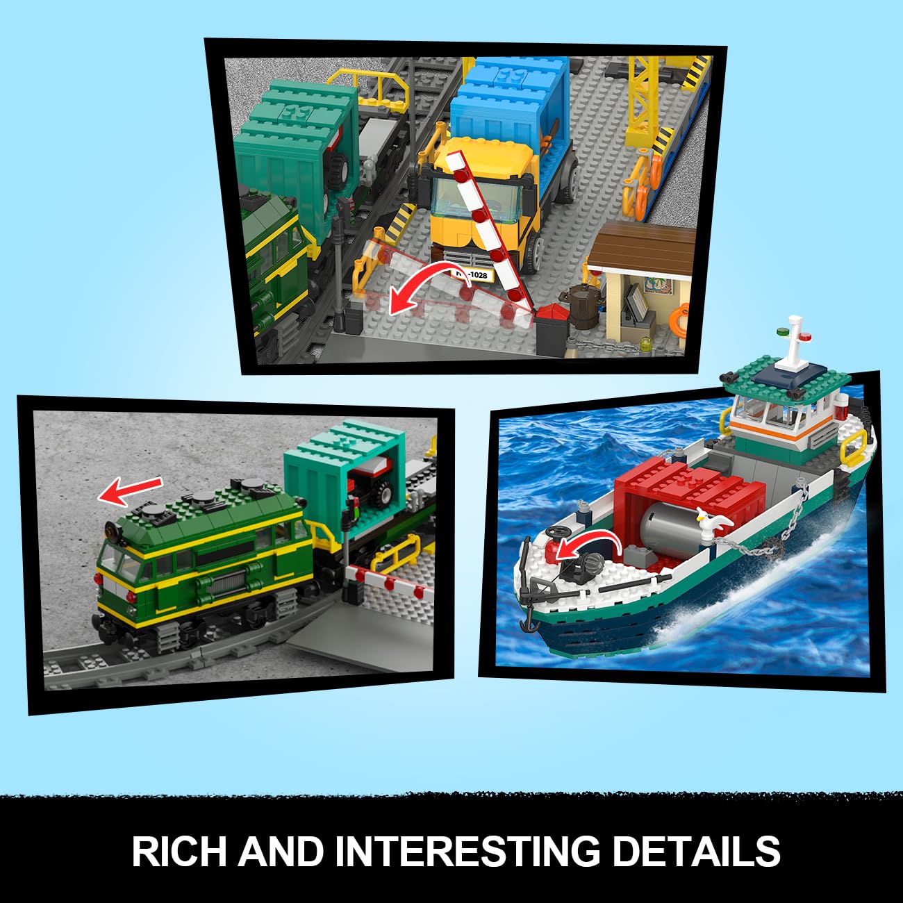 HOGOKIDS City Hafen mit Containerkran, Schiff, Zug, LKW & 4 Container, Technik Bauspielzeug für Kinder & Erwachsene ab 8 Jahren