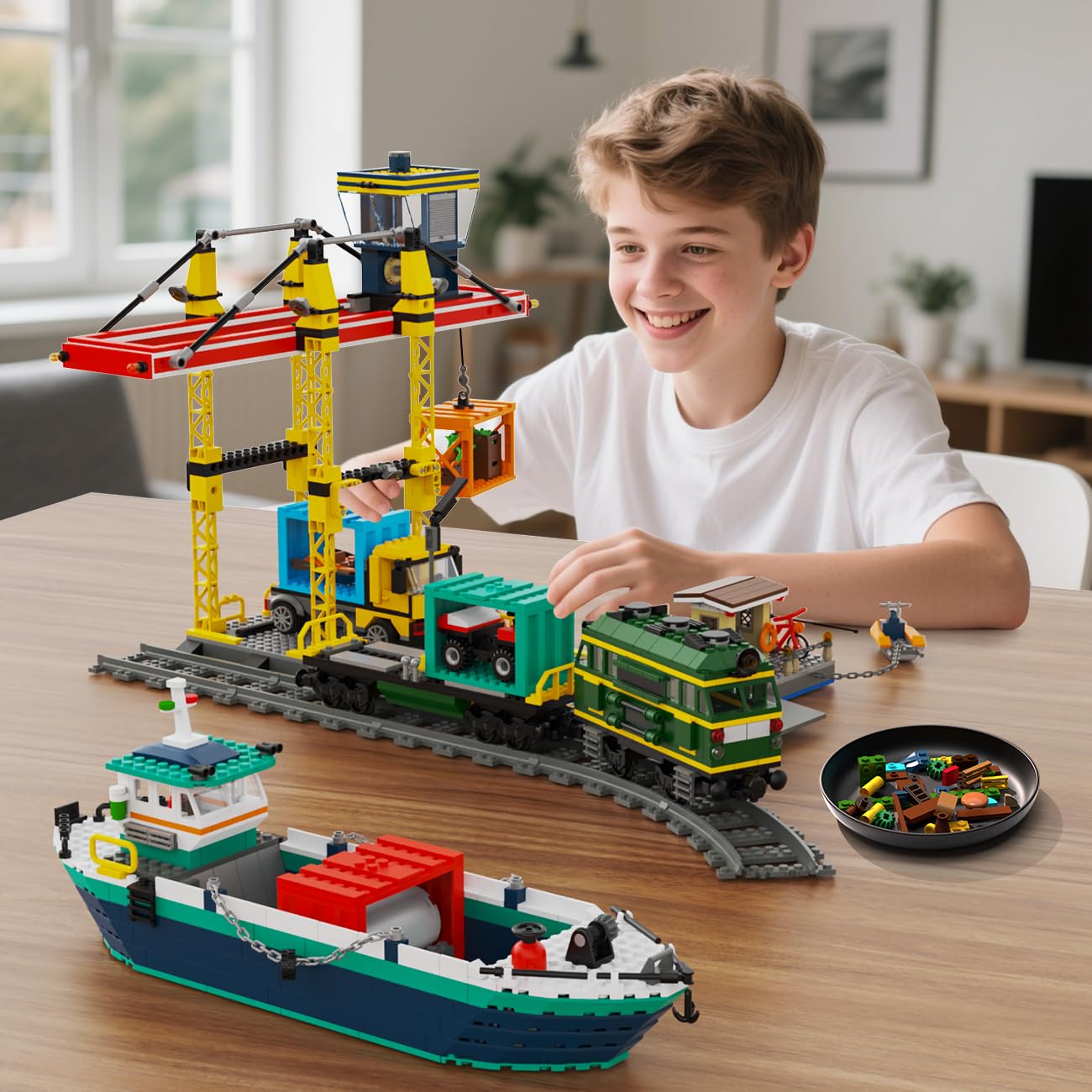 HOGOKIDS City Hafen mit Containerkran, Schiff, Zug, LKW & 4 Container, Technik Bauspielzeug für Kinder & Erwachsene ab 8 Jahren