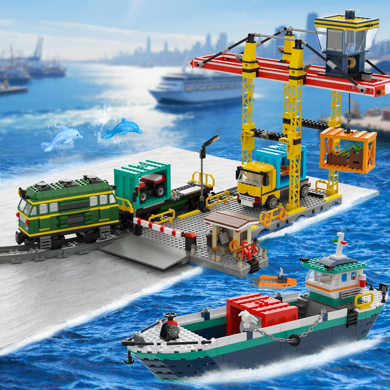 HOGOKIDS City Hafen mit Containerkran, Schiff, Zug, LKW & 4 Container, Technik Bauspielzeug für Kinder & Erwachsene ab 8 Jahren