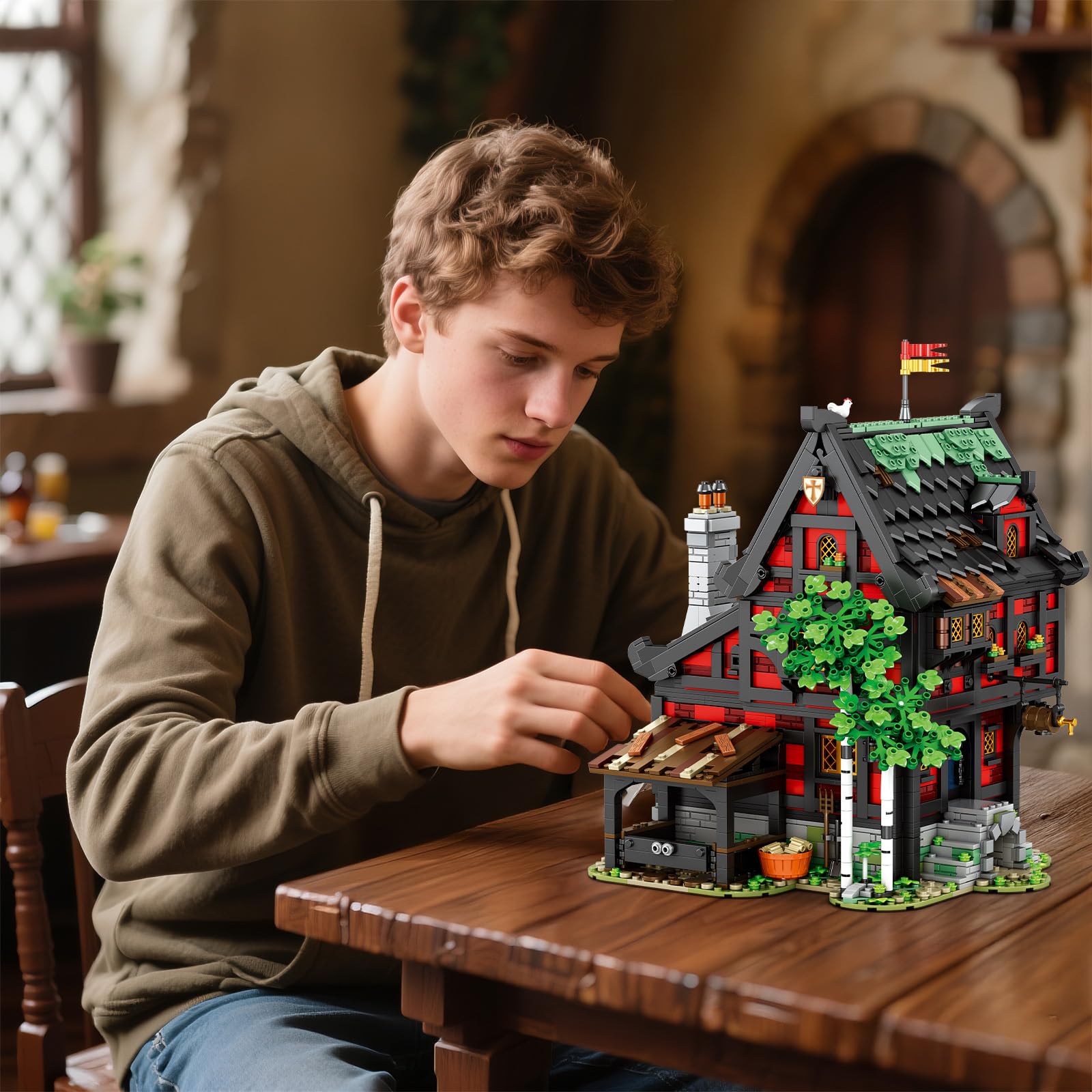 Reobrix Kreuzritter-Herberge Bauset 66017, 3214 Teile, mittelalterliches Architektur-Modell, kreatives Geschenk ab 14 Jahren