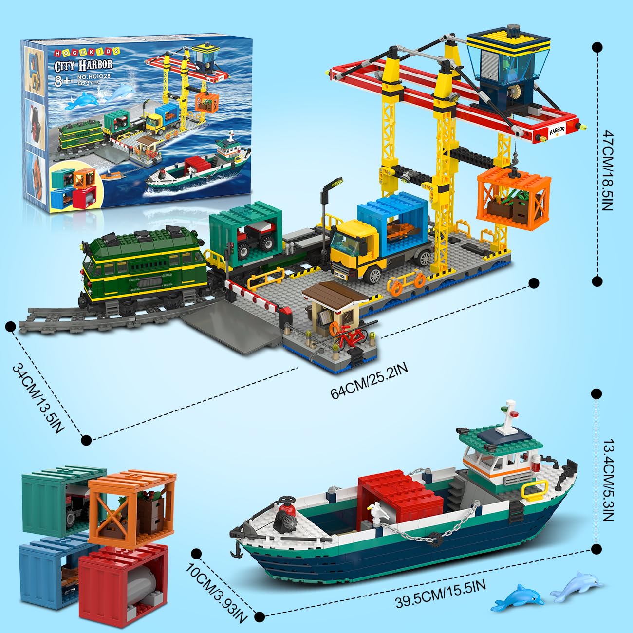 HOGOKIDS City Hafen mit Containerkran, Schiff, Zug, LKW & 4 Container, Technik Bauspielzeug für Kinder & Erwachsene ab 8 Jahren