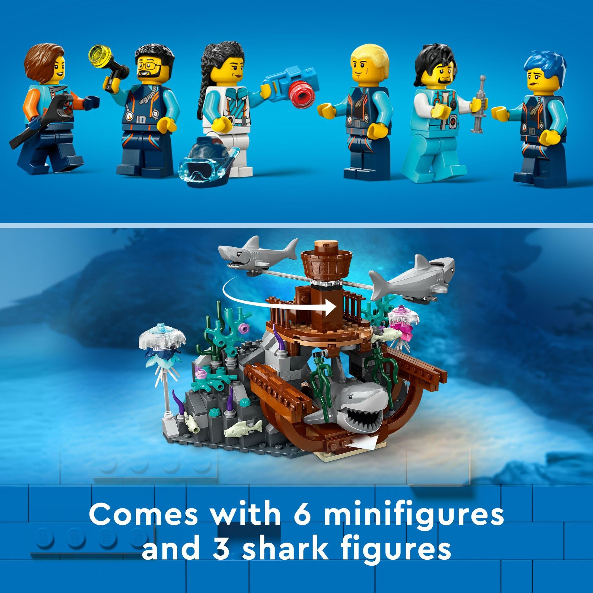 LEGO City Tiefsee-U-Boot 60379, Unterwasser-Spielset mit Schiffswrack, 6 Minifiguren & 3 Haien, Geschenk für Kinder ab 7 Jahren