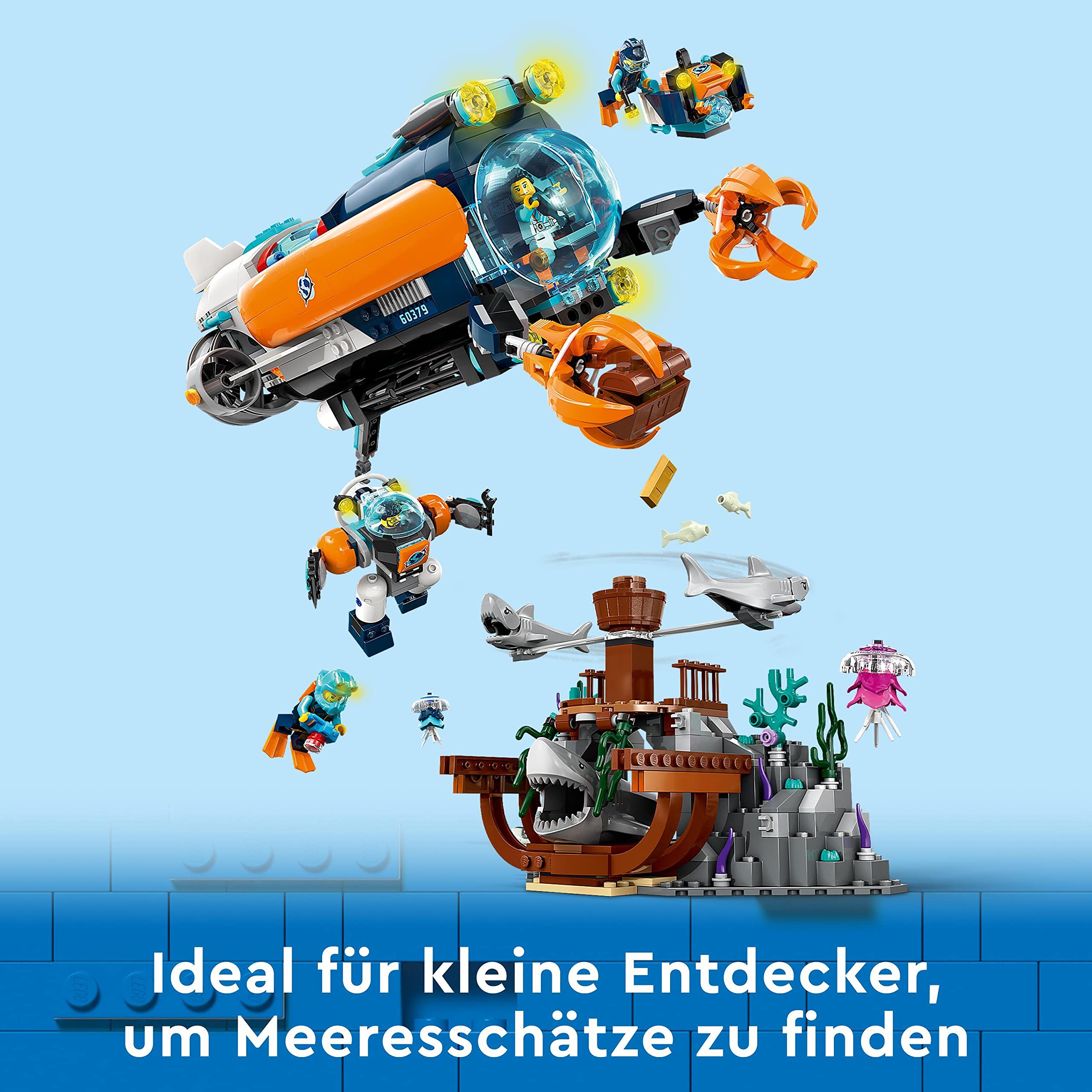 LEGO City Forscher-U-Boot 60379, Unterwasser-Set mit Drohne, Mech, Minifiguren & Tierfiguren, Geburtstagsgeschenk für Kinder