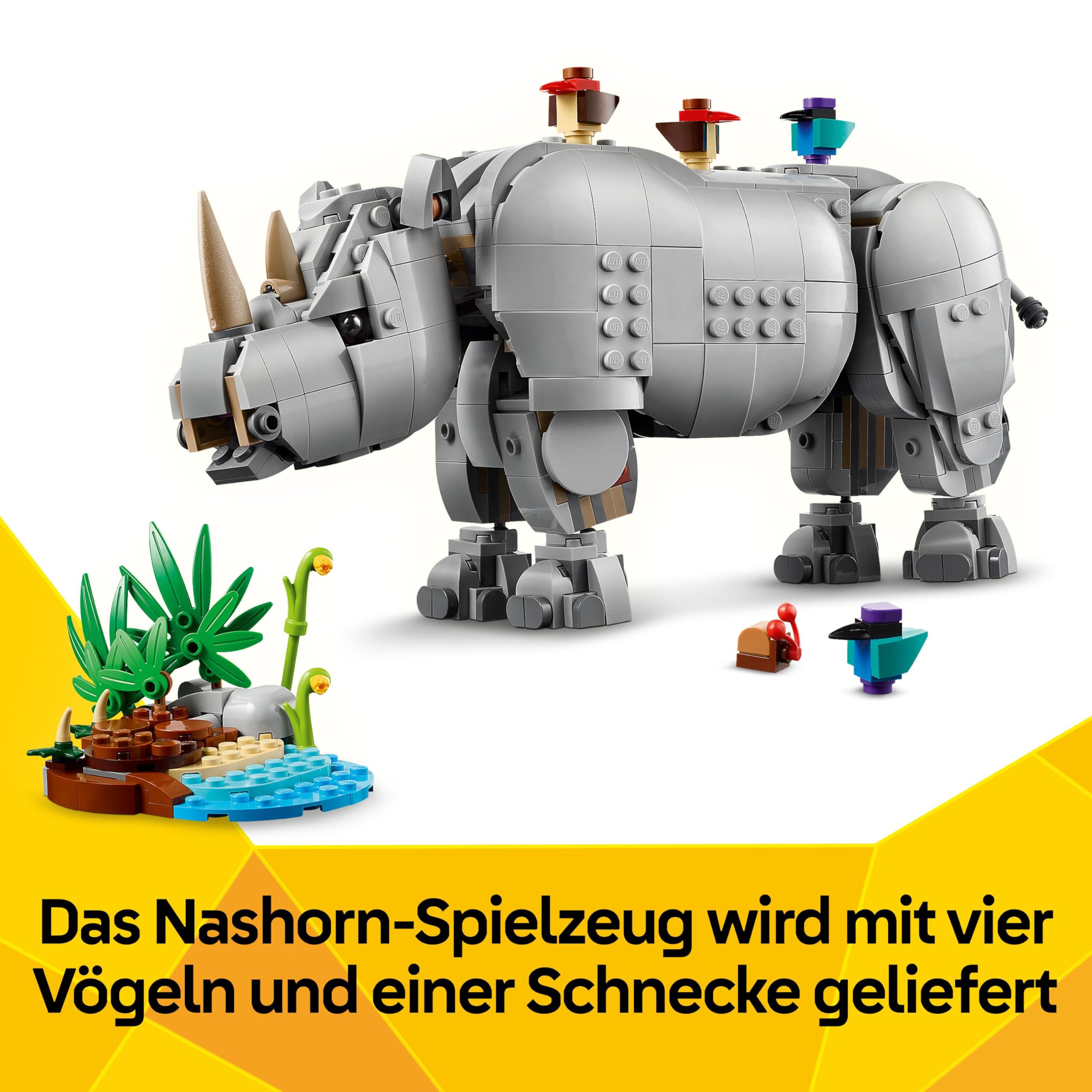 LEGO Creator 3-in-1 Wilde Tiere 31171, prächtiges Nashorn mit Vögeln, verwandelbar in Nilpferd oder Walross, Geschenk ab 9 Jahren