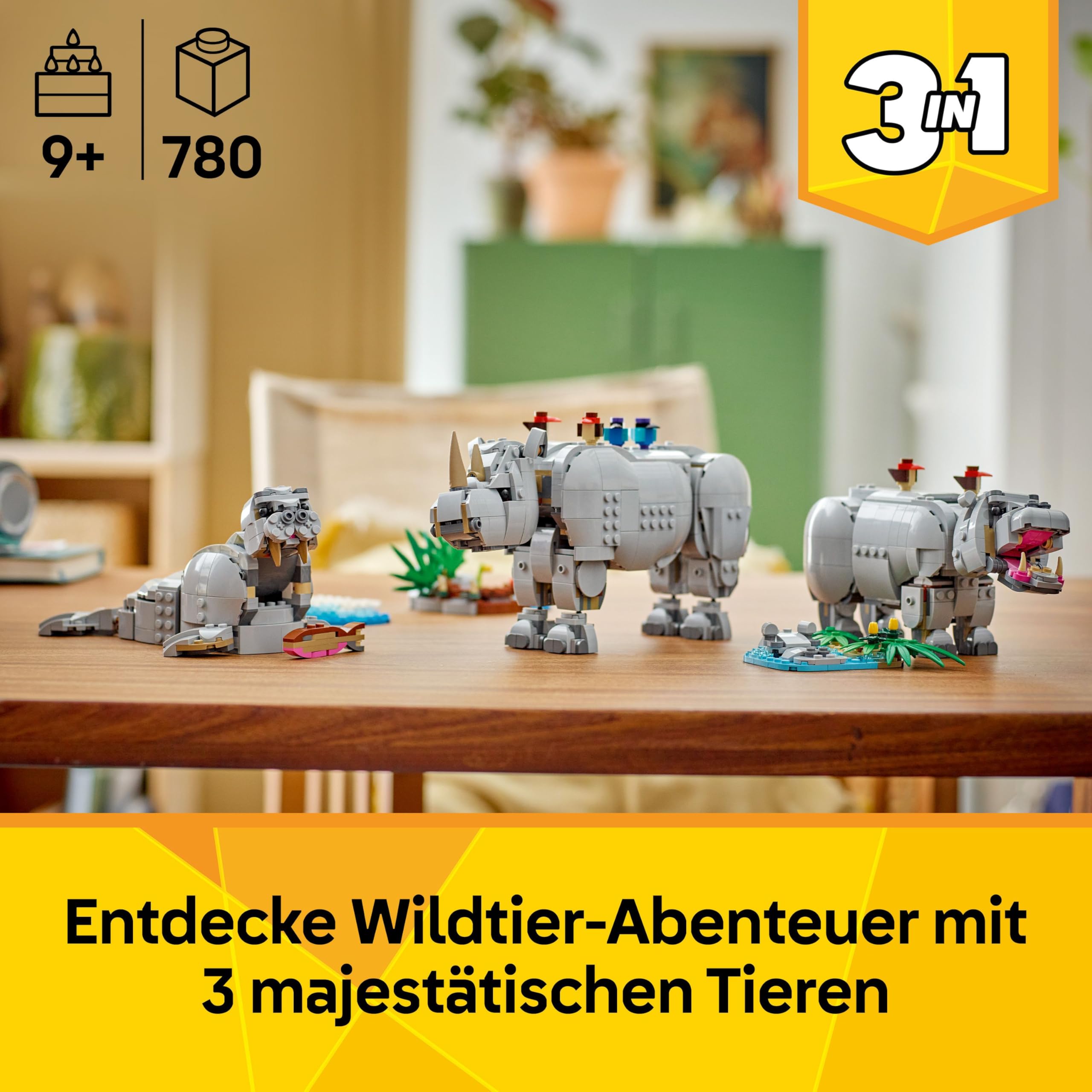 LEGO Creator 3-in-1 Wilde Tiere 31171, prächtiges Nashorn mit Vögeln, verwandelbar in Nilpferd oder Walross, Geschenk ab 9 Jahren