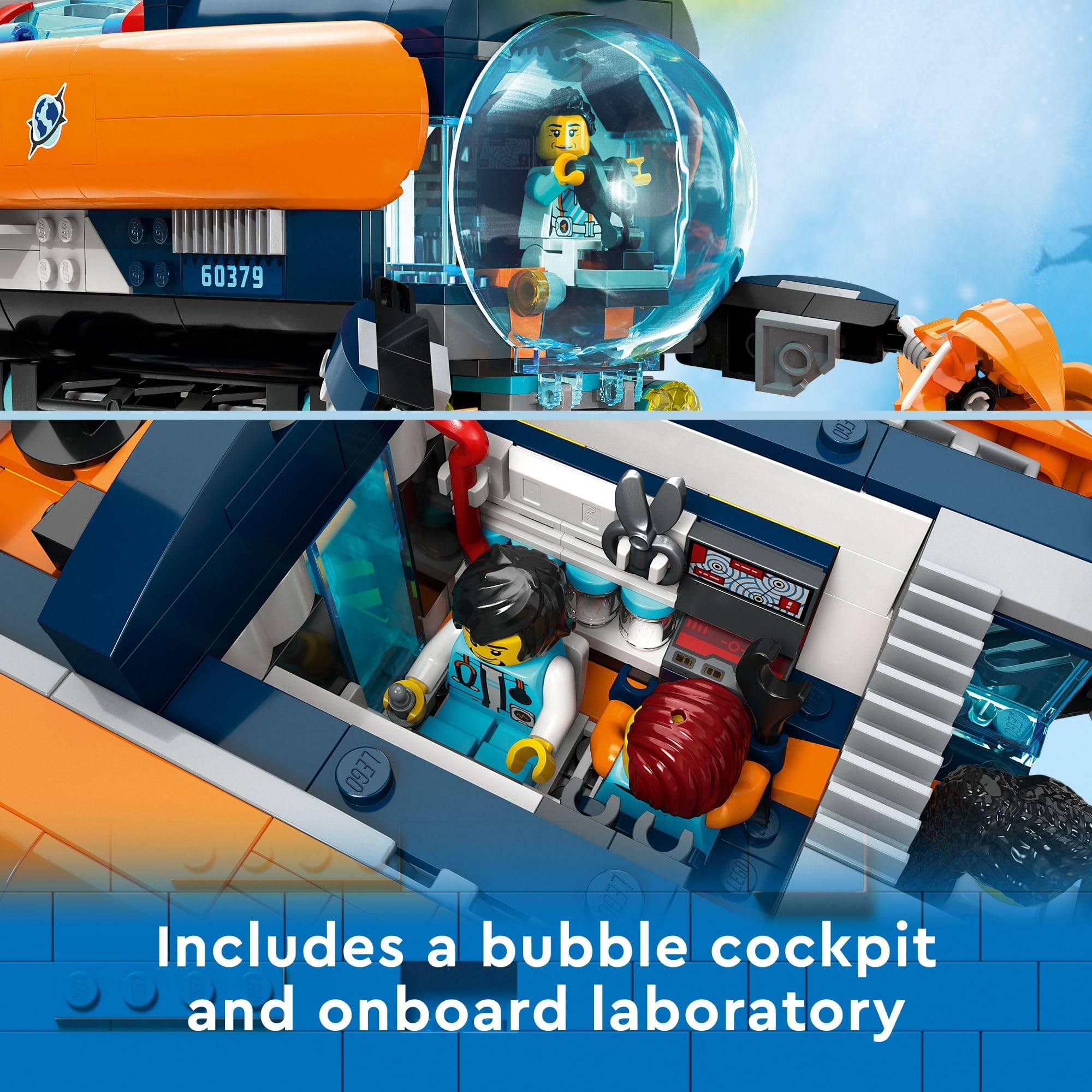 LEGO City Tiefsee-U-Boot 60379, Unterwasser-Spielset mit Schiffswrack, 6 Minifiguren & 3 Haien, Geschenk für Kinder ab 7 Jahren
