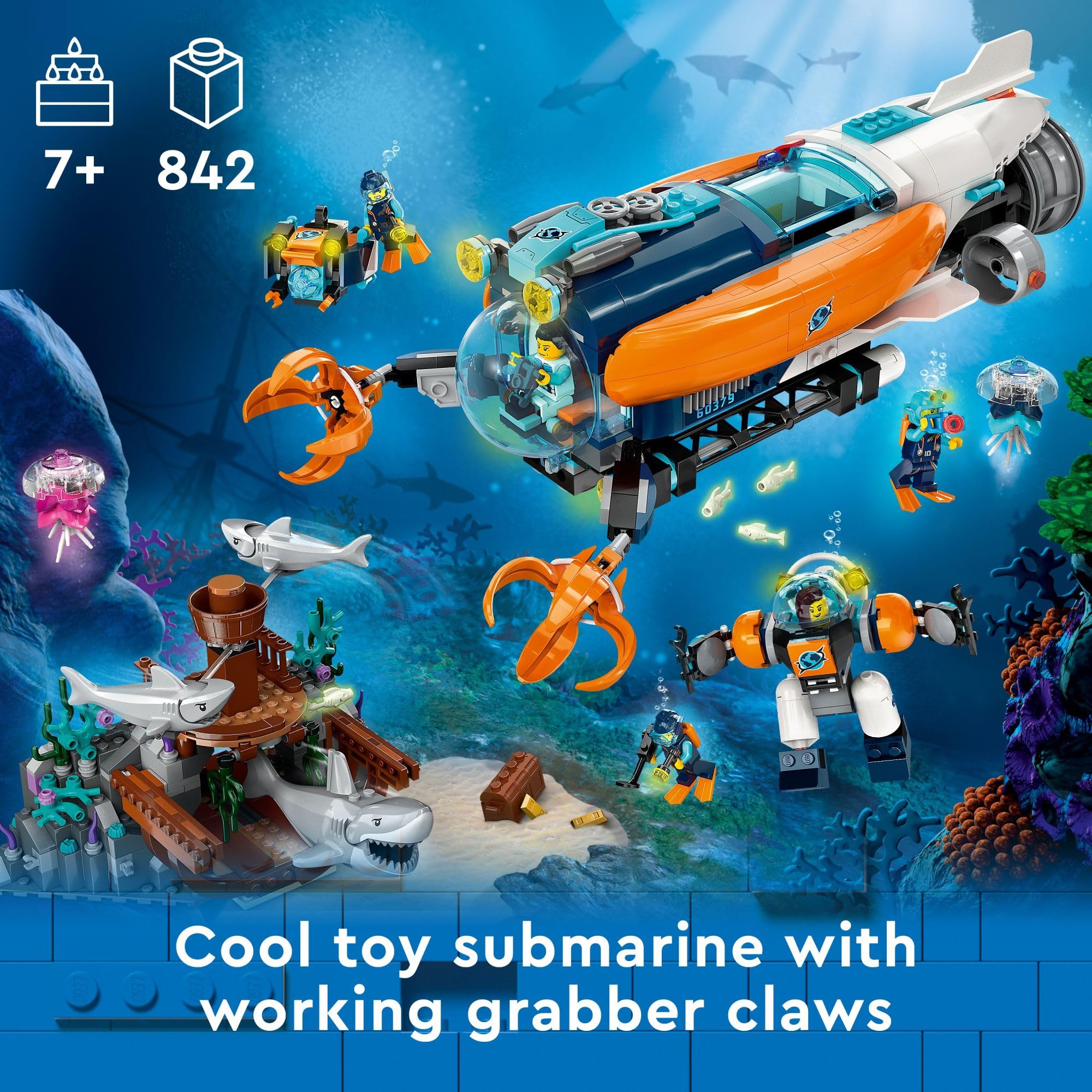 LEGO City Tiefsee-U-Boot 60379, Unterwasser-Spielset mit Schiffswrack, 6 Minifiguren & 3 Haien, Geschenk für Kinder ab 7 Jahren