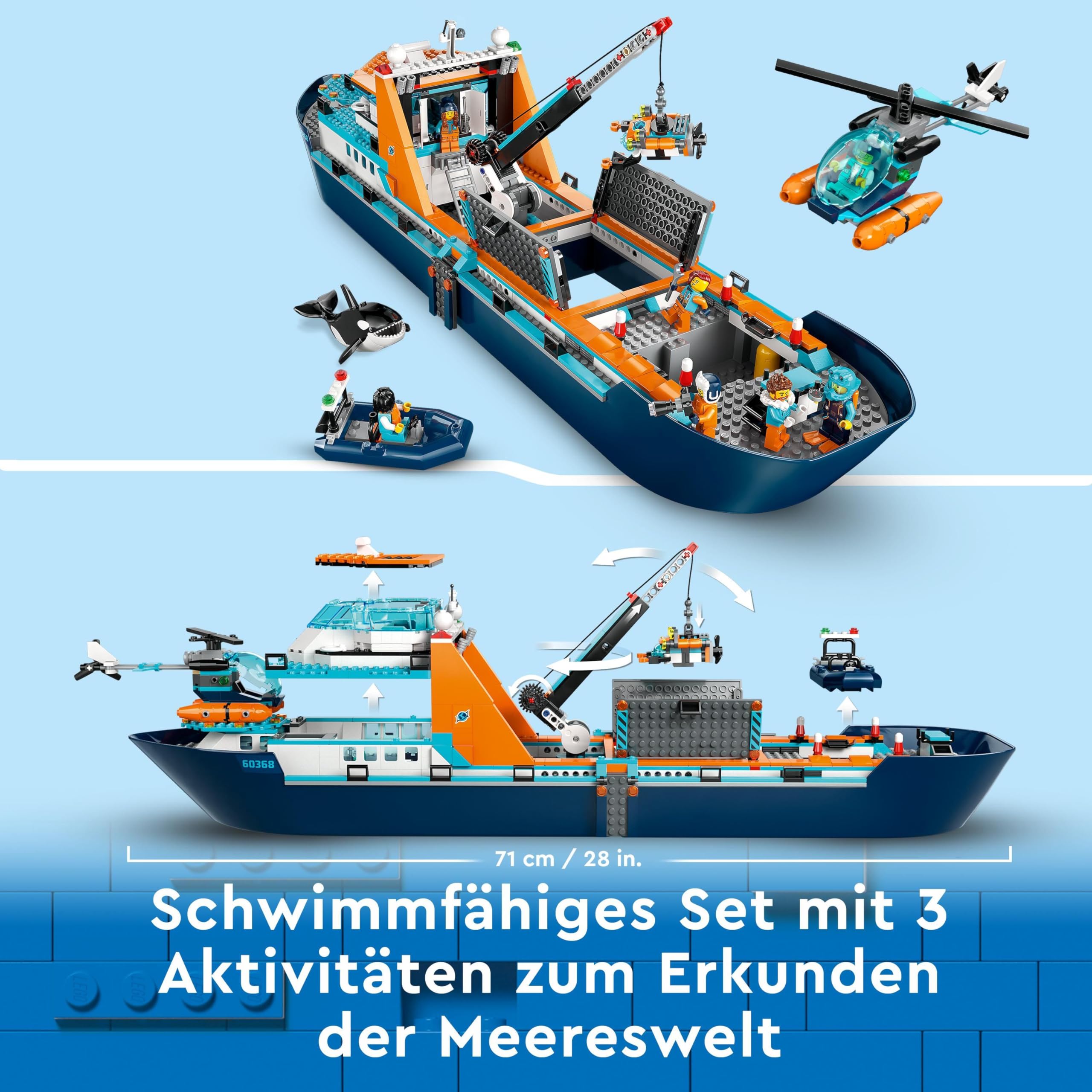 LEGO City Arktis-Forschungsschiff 60368, schwimmfähiges Boot mit Hubschrauber, Beiboot, U-Boot & Orca, Geschenk ab 7 Jahren
