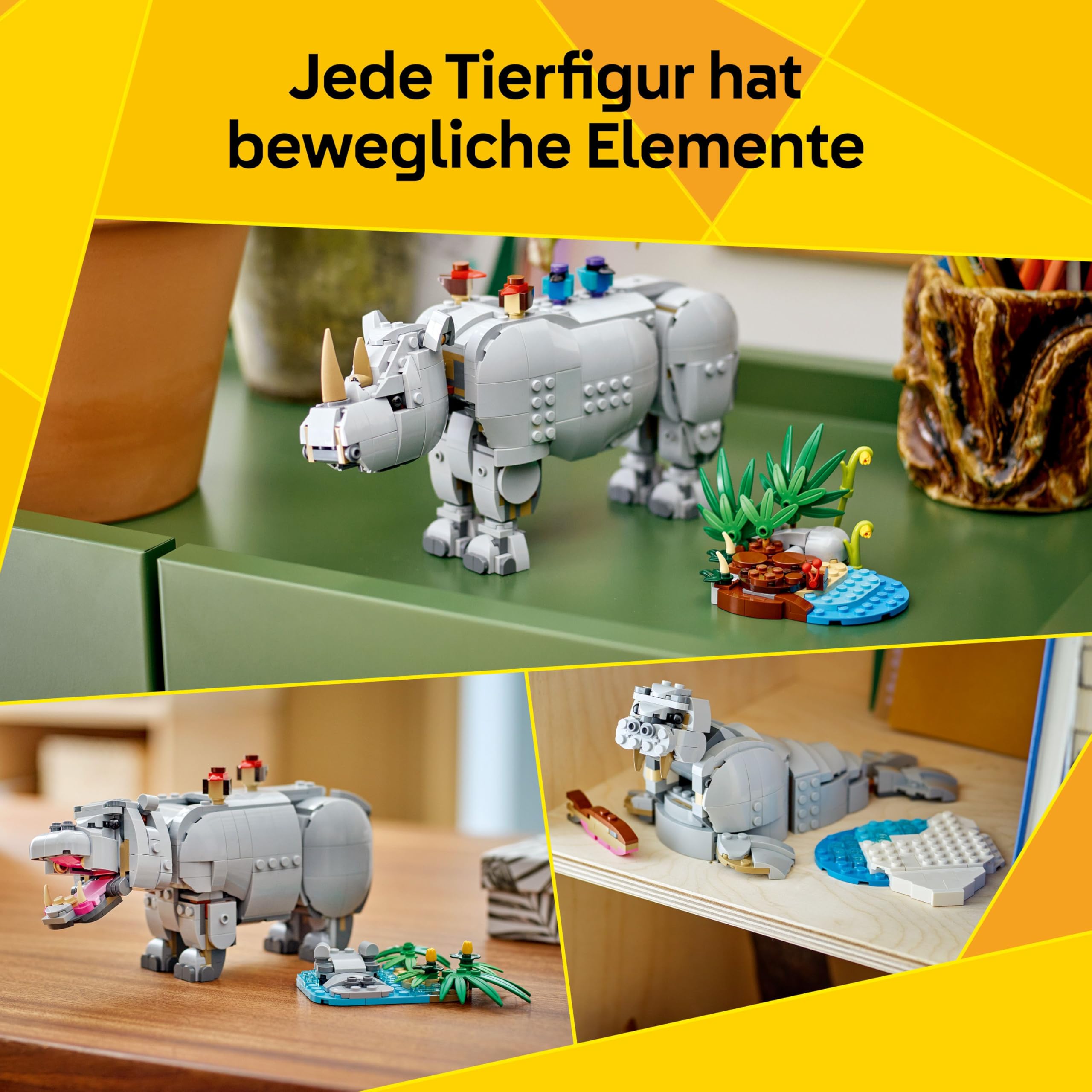 LEGO Creator 3-in-1 Wilde Tiere 31171, prächtiges Nashorn mit Vögeln, verwandelbar in Nilpferd oder Walross, Geschenk ab 9 Jahren