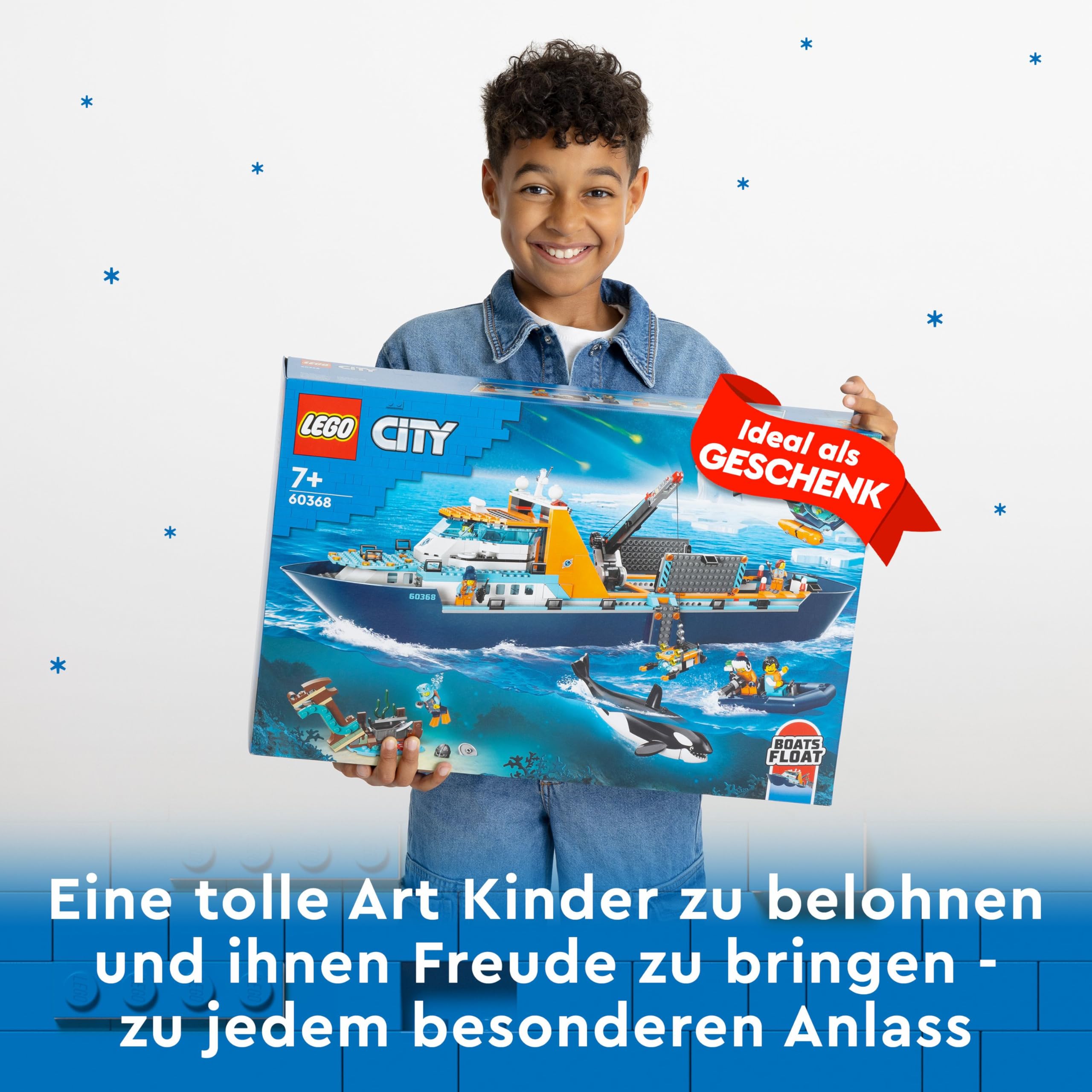 LEGO City Arktis-Forschungsschiff 60368, schwimmfähiges Boot mit Hubschrauber, Beiboot, U-Boot & Orca, Geschenk ab 7 Jahren