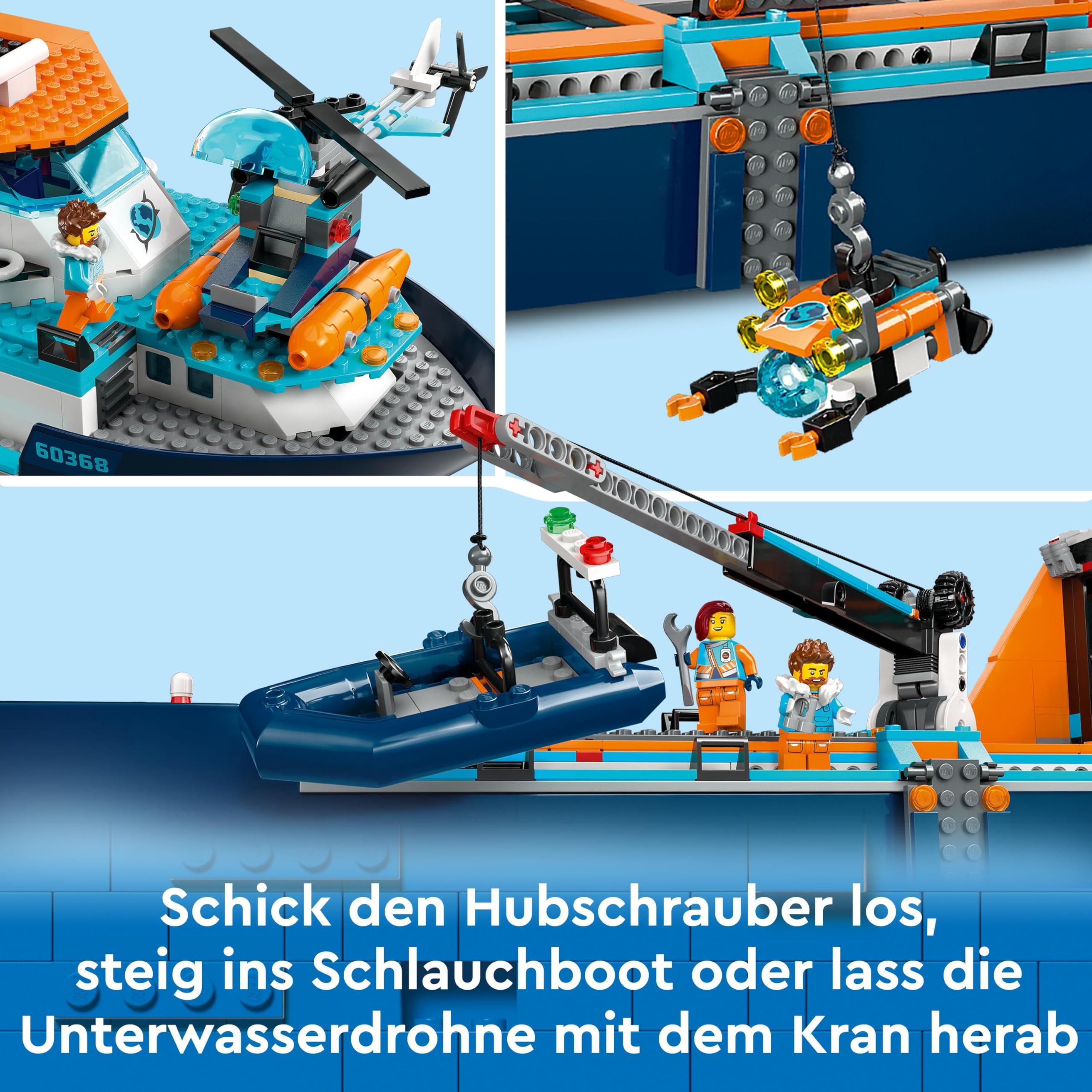 LEGO City Arktis-Forschungsschiff 60368, schwimmfähiges Boot mit Hubschrauber, Beiboot, U-Boot & Orca, Geschenk ab 7 Jahren