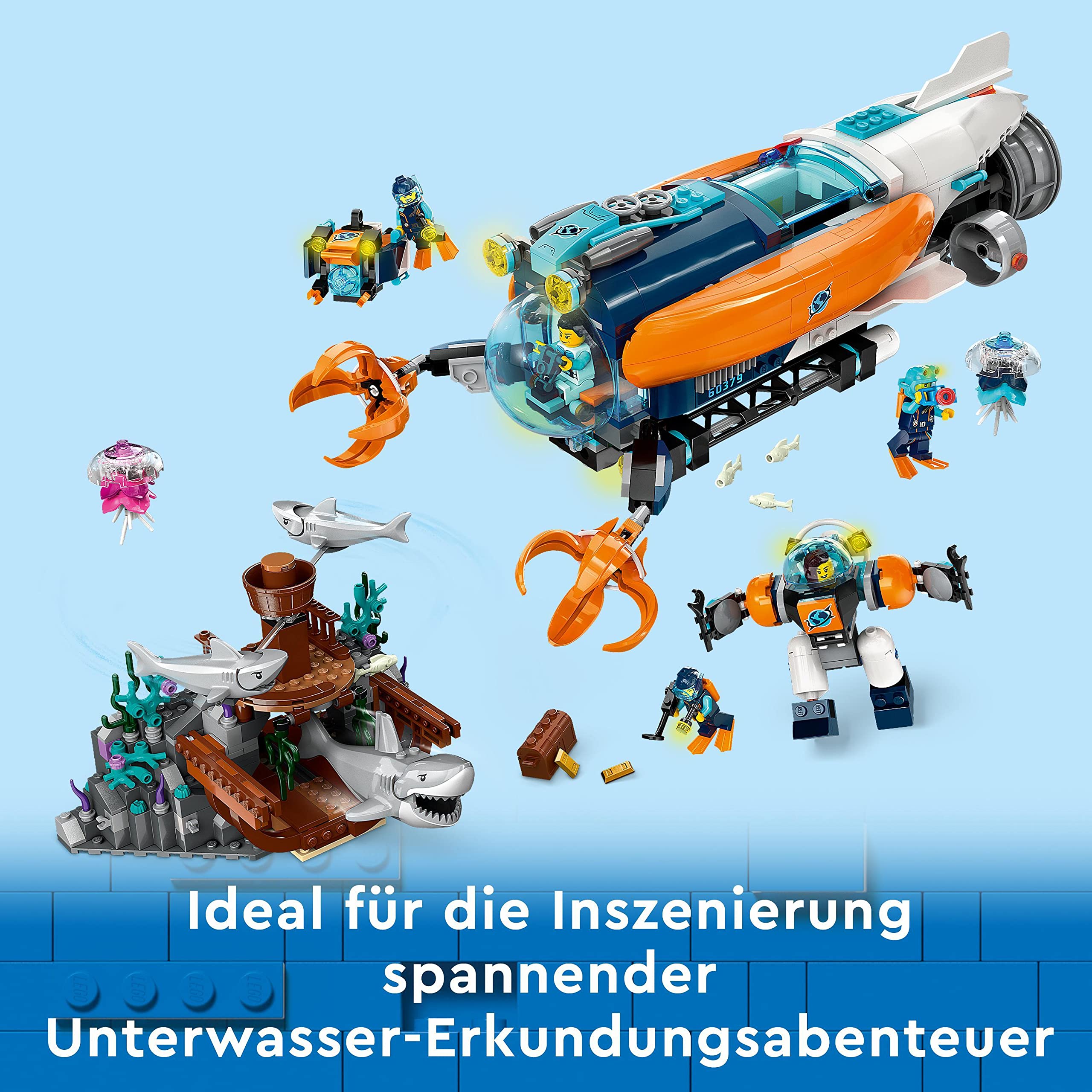 LEGO City Forscher-U-Boot 60379, Unterwasser-Set mit Drohne, Mech, Minifiguren & Tierfiguren, Geburtstagsgeschenk für Kinder