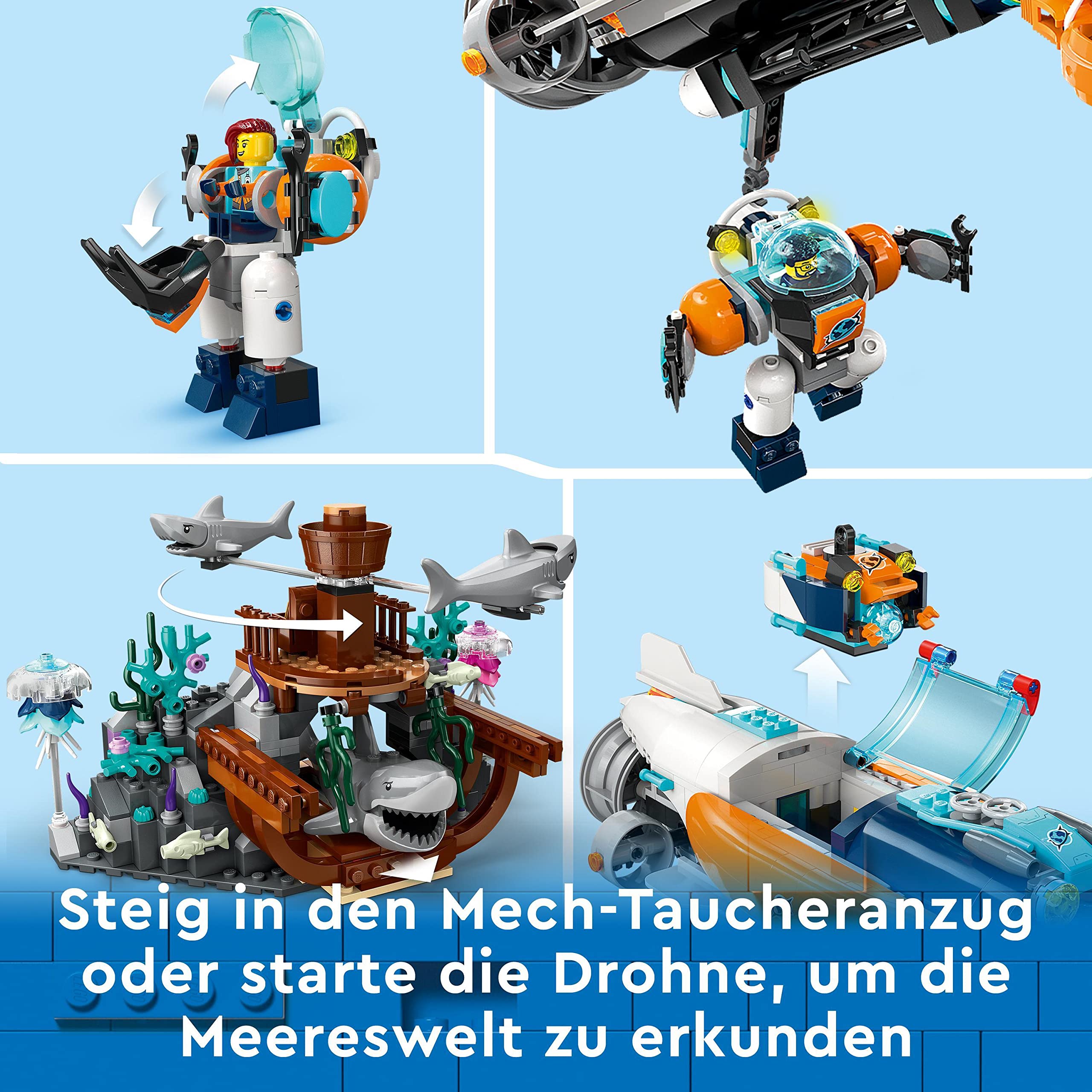 LEGO City Forscher-U-Boot 60379, Unterwasser-Set mit Drohne, Mech, Minifiguren & Tierfiguren, Geburtstagsgeschenk für Kinder