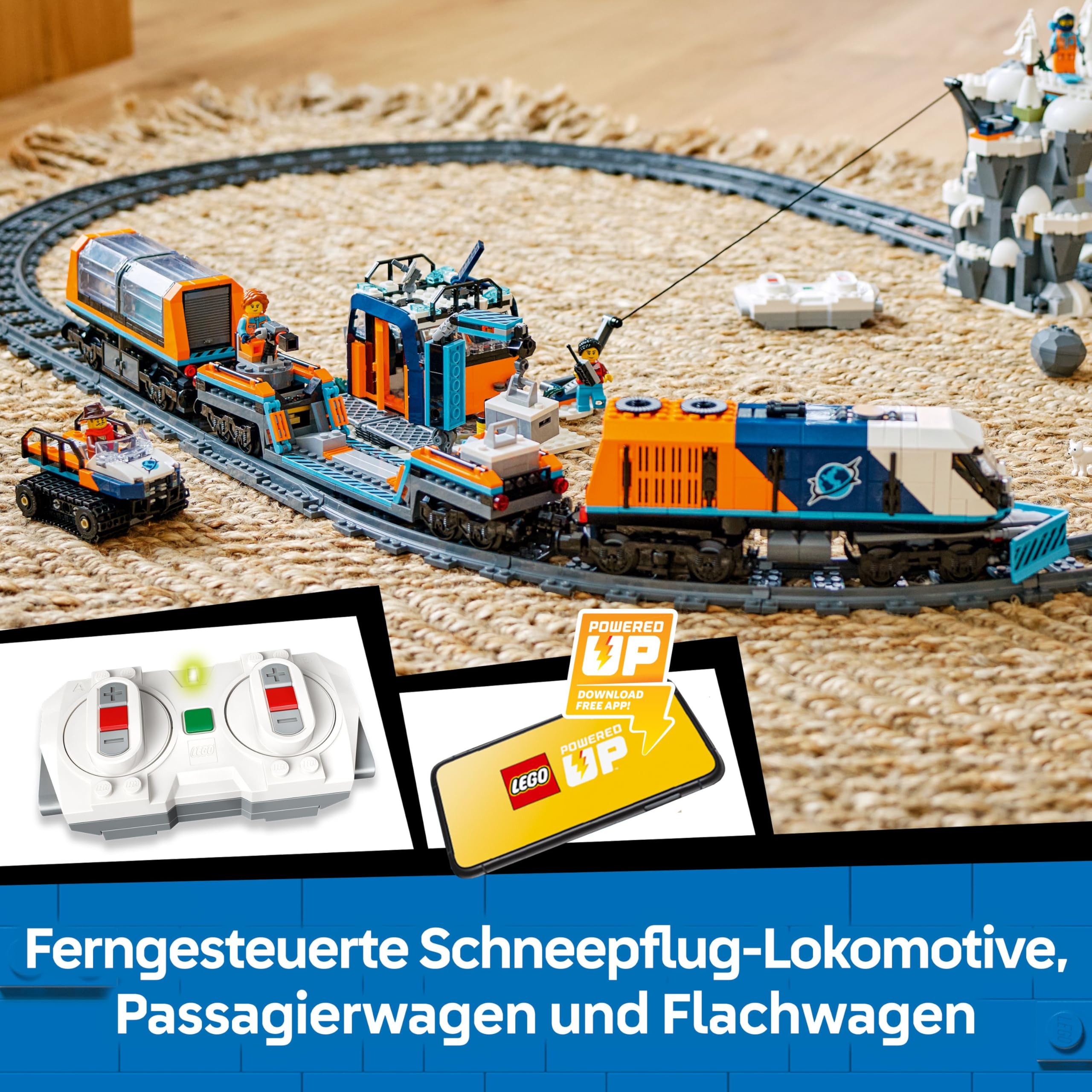LEGO City Polarexpress Zug 60470, ferngesteuerter Zug mit Schneepflug, 22 Schienen, 6 Figuren & Felssturz-Funktion, ab 7 Jahren